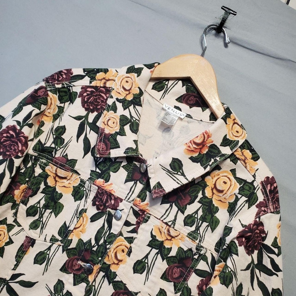 Venus Jacket Womens 24W Floral Rose Print Jean Jacket Button Front Boho Chic